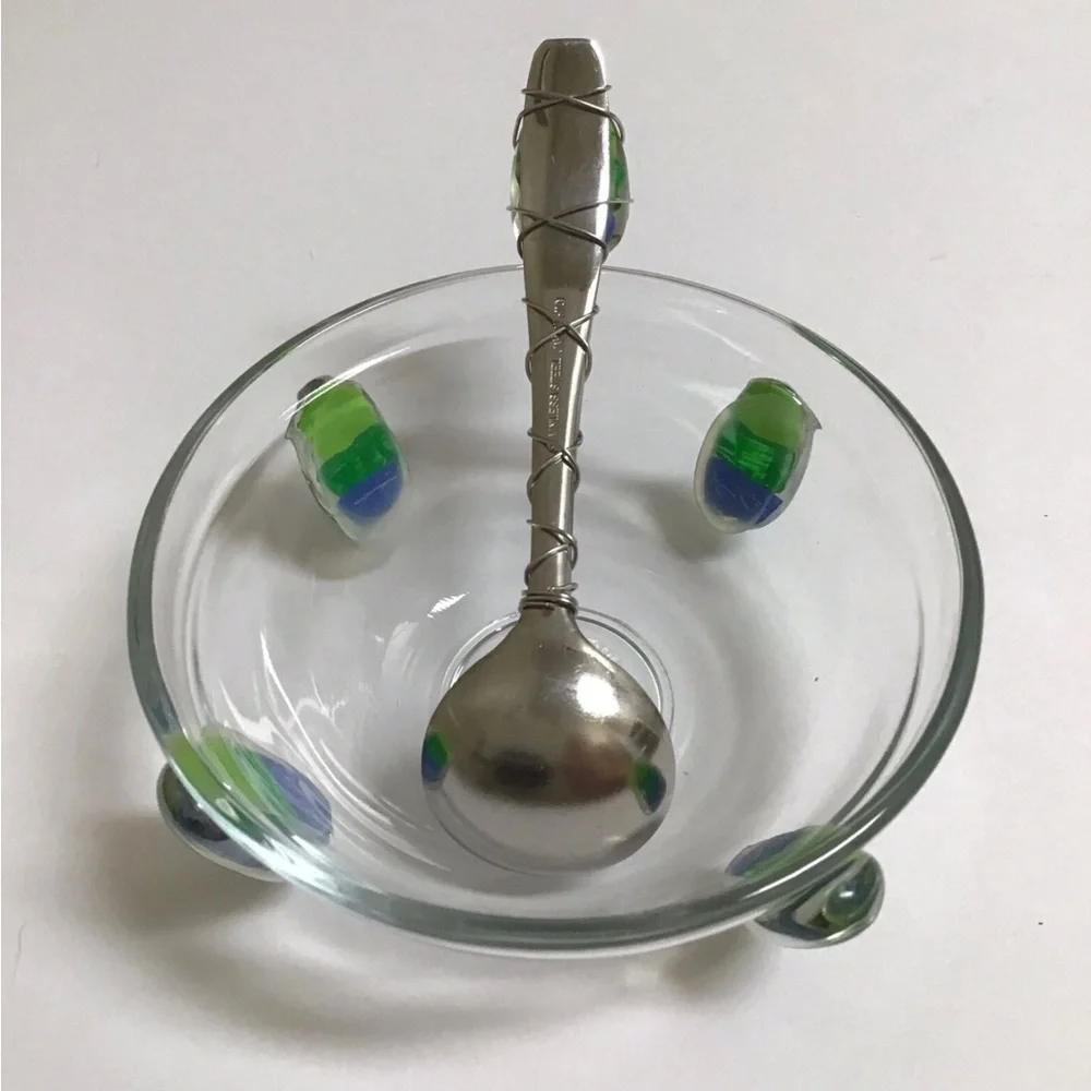 Art Glass Condiment Dish Blue Green Pebble Wire Wrapped Spoon Sea KIG Indonesia